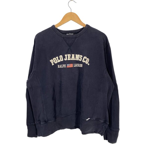 Vintage Polo Jeans Co. Felt Spellout Pullover Crewneck Sweatshirt Navy mens L - Picture 1 of 8